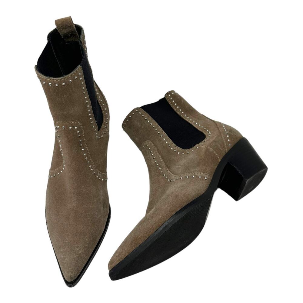 Paige Studded Suede Pointed Toe Chelsea Ankle Boots Taupe Size 7